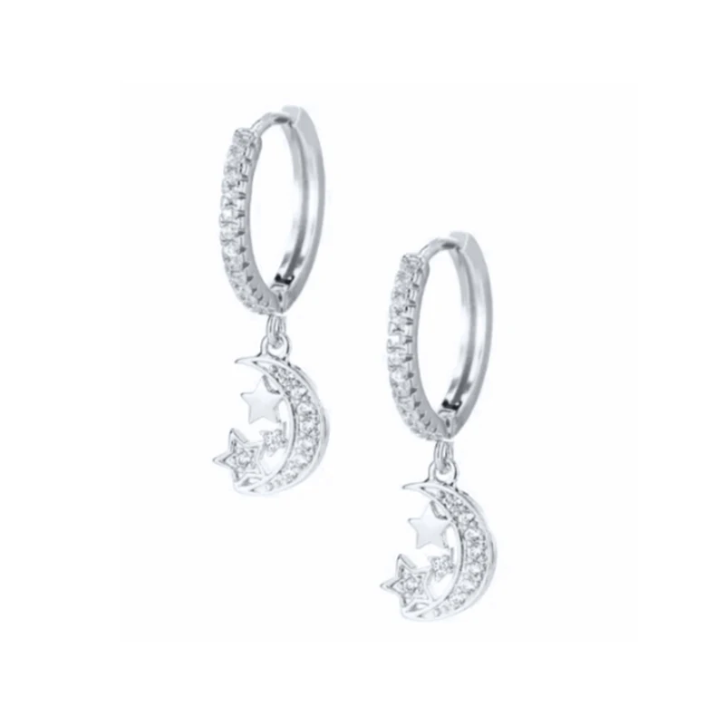 

ROXI S925 sterling silver wild fashion diamond star moon hoop pendent earrings