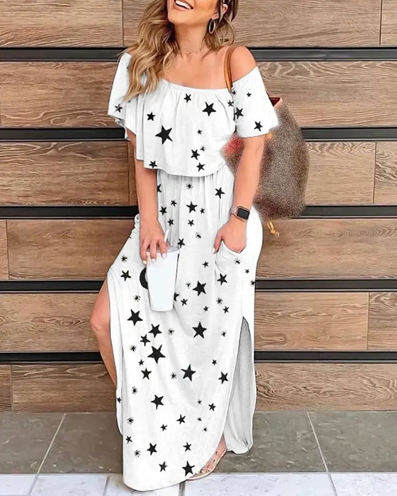 

2020 hot style sells solid color dresses off shoulder star and moom print skirts, As picture