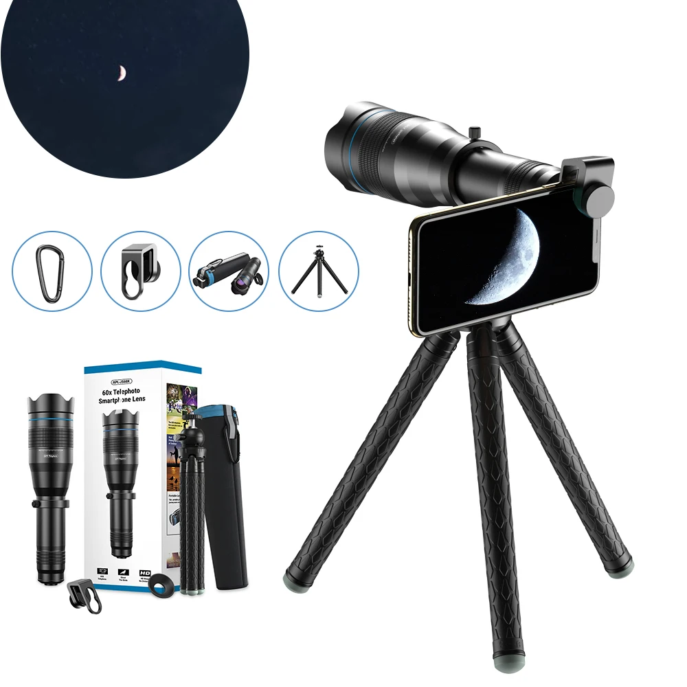

Hight Quality Universal 60x Phone Telescope Lens With Tripod For Mobile Phone Apexel Telephoto Lenses For Beauty, Black