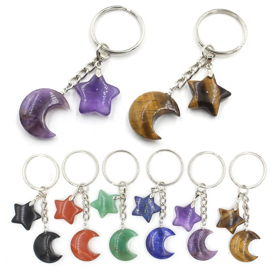 

New fashion natural stone crystal moon star set ornaments gemstone healing pendant key chain