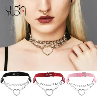 

Hip Hop Gothic Adult Collar Punk Goth Emo Leather Choker Designs Personalized Rock Punk Heart Link Chain Jewelrywholesale