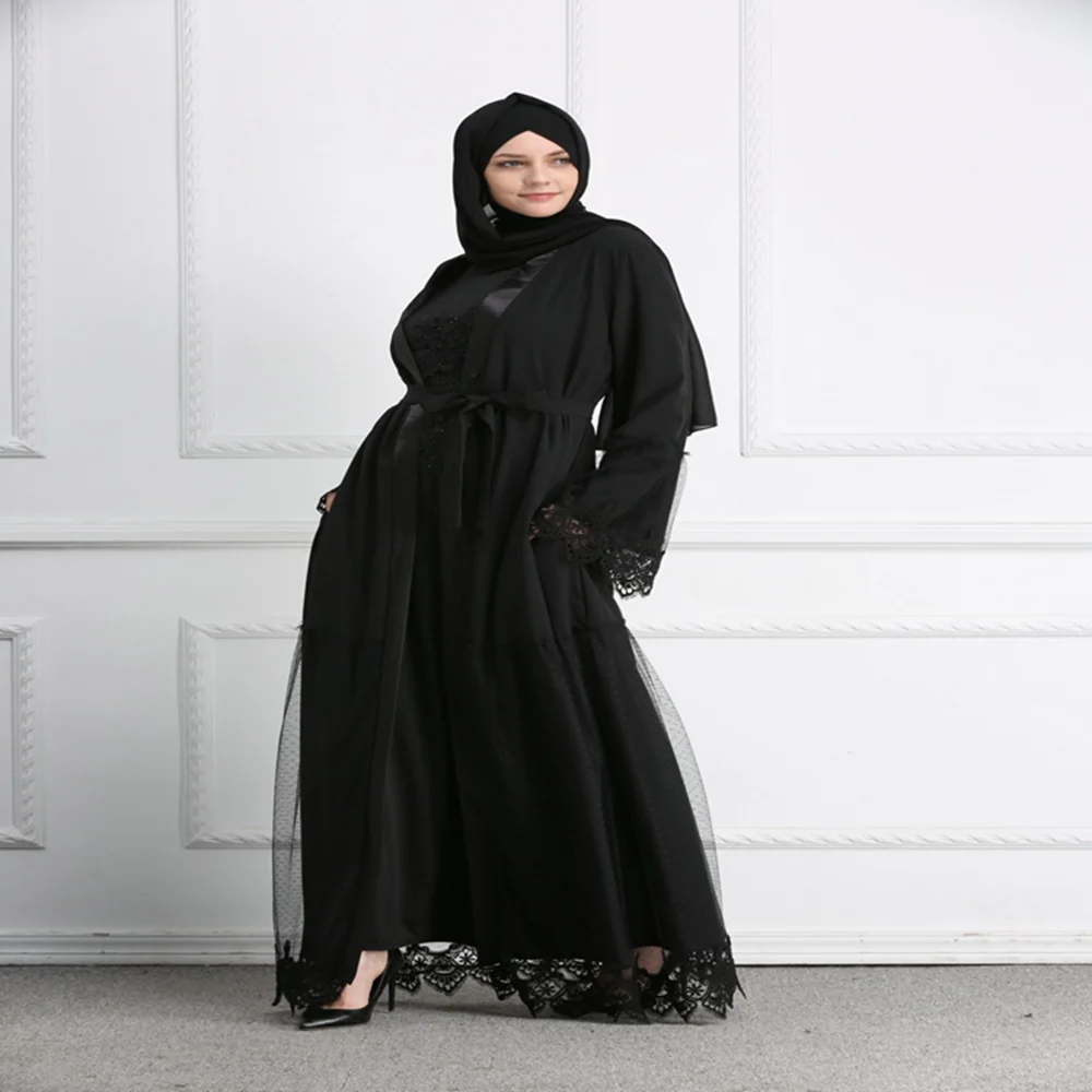 

Dubai Open Cardigan Women Muslim Lace Abaya For Full Cover Head Shawls Headscarf