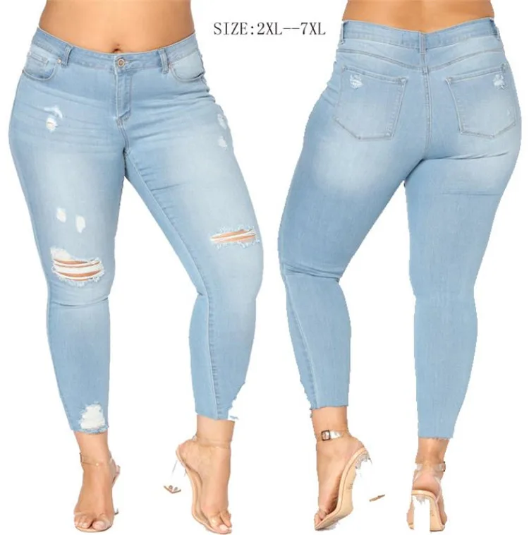 

Plus Size Ladies Jeans Women Hole Jean Pants Lady Straight Denim Trousers