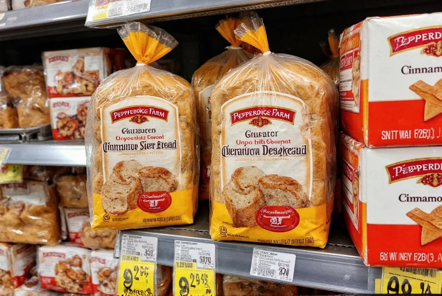 Pepperidge Farm cinnamon swirl bread displayed in grocery store bread aisle next to other bakery products