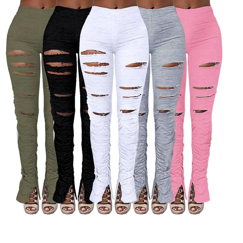 

Slim Stretch Stacked Sweatpants Women Ruched Ripped Leggings Outfits Stacked Pants