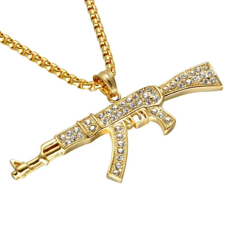 

Hip Hop Iced Out Full Rhinestone AK47 Gun Pendant Necklaces