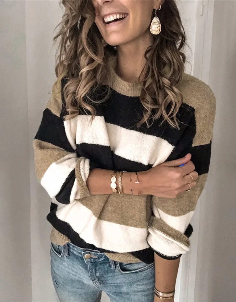 

European and American women's color contrast striped sweater plus size pullover loose sweater