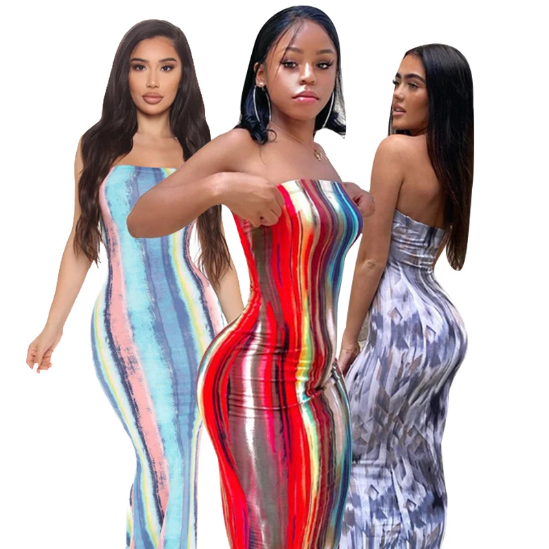 

Spring New Design Fashion Sundress Stripe Womens Super Stretch Women'S Slim Sexy Printed Strapless Tee Dress Women Clothing, Picture