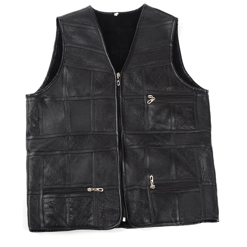 

fashion men leather vest Autumn and winter Sheepskin wool Vest leather vest motorcycle leather biker customized Jacket, Black