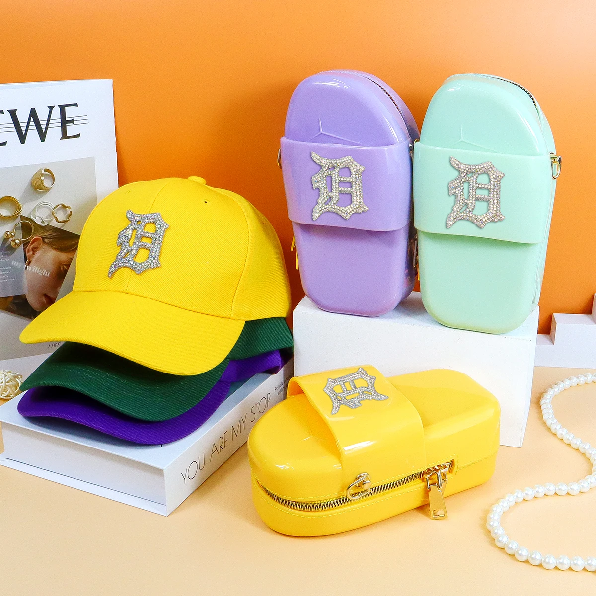 

Wholesale girls detroit hat and purse ladies baseball caps fun jelly handbags, 7 colors