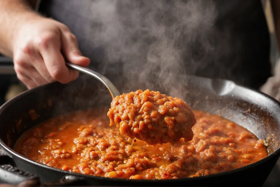 Professional chef stirring thick chili in cast iron pot with steam rising, showing perfect consistency that holds shape on spoon
