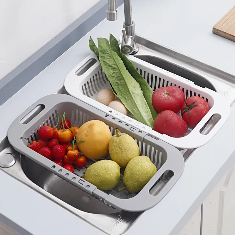 

vegetables and fruit drain storage basket water drying tools Kitchen telescopic sink drain rack