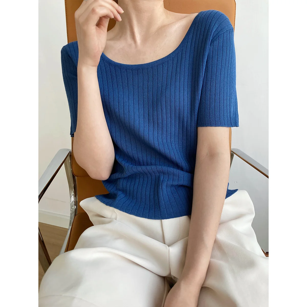 

New Fashion Summer Square Collar Short Tops Slim Short Sleeves Knit Blouse Women