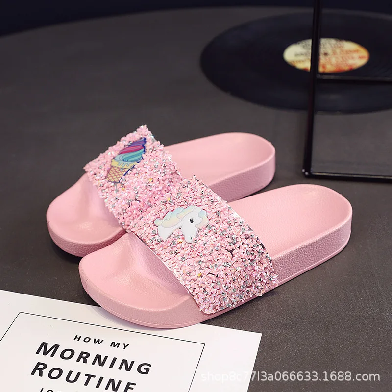 

Kids Cartoon Unicorn Indoor Slippers Toddler Boys Girls Summer Home Flip Flops Children Bedroom Shoes Beach Wear Slipper, Pink,black