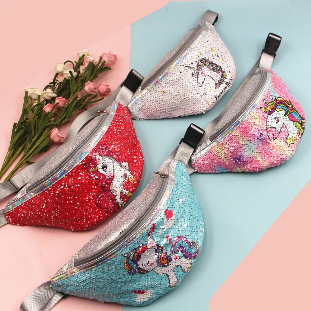 

Amazon Hot Sale Unicorn Sequins Waist Bag Fashion Fanny Pack Girls Shoulder Belt Bags Kids Waist Packs, As the picture