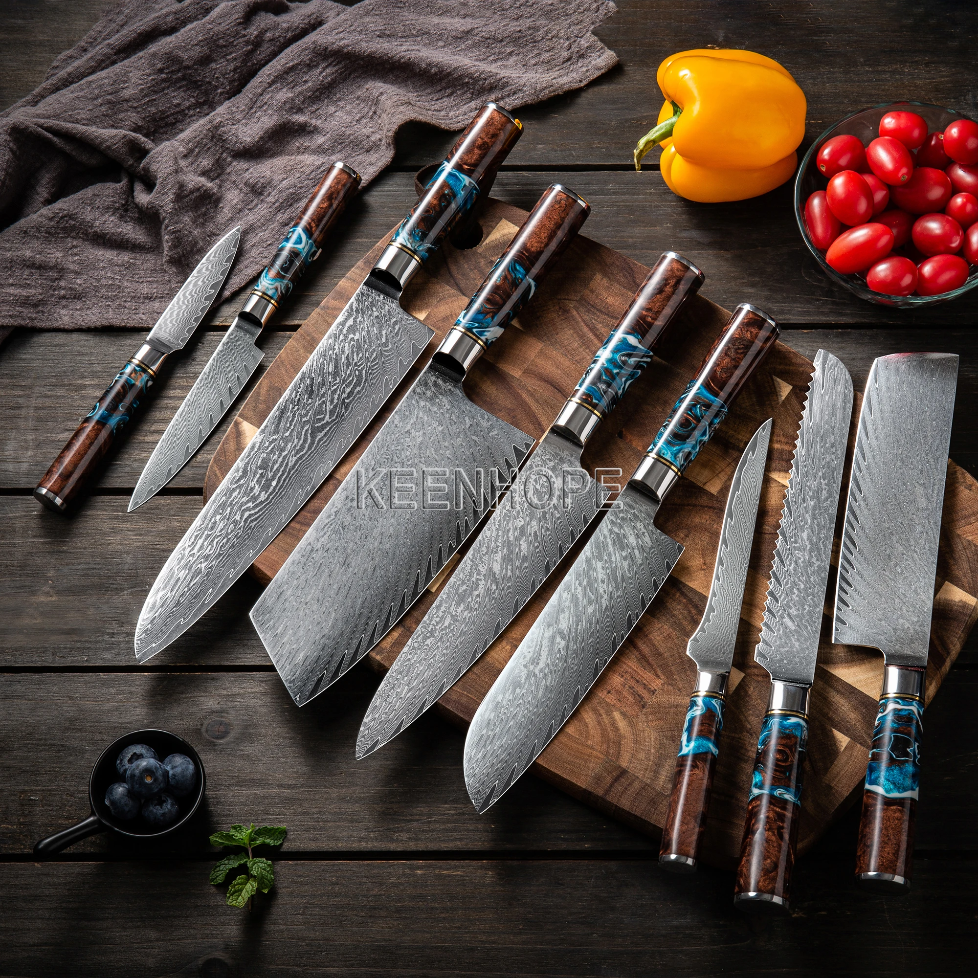

Kitchen Knives Set with Composited Resin And Maple Burl Wood Handle 9 pcs 67 Layers Damascus VG10 Knife Set