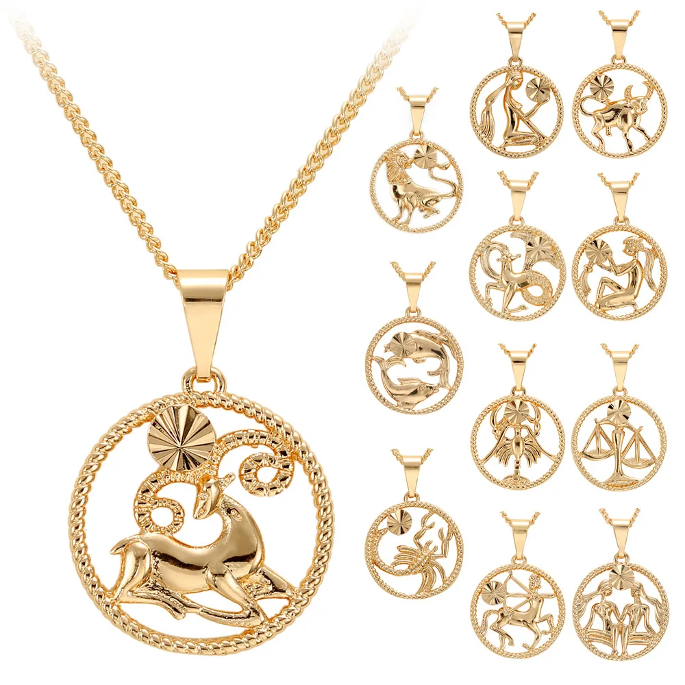 

Environmentally Friendly Hollow 18K Gold Plating Women Copper Alloy Zodiac Round Twelve Constellation Aquarius Pendant Necklace
