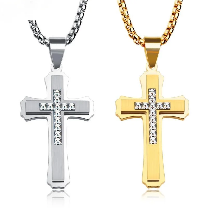 

Religious Cross Pendant Cubic Zirconia Necklace Gold & Silver Plated Titanium Steel Necklace for Christian Catholicism