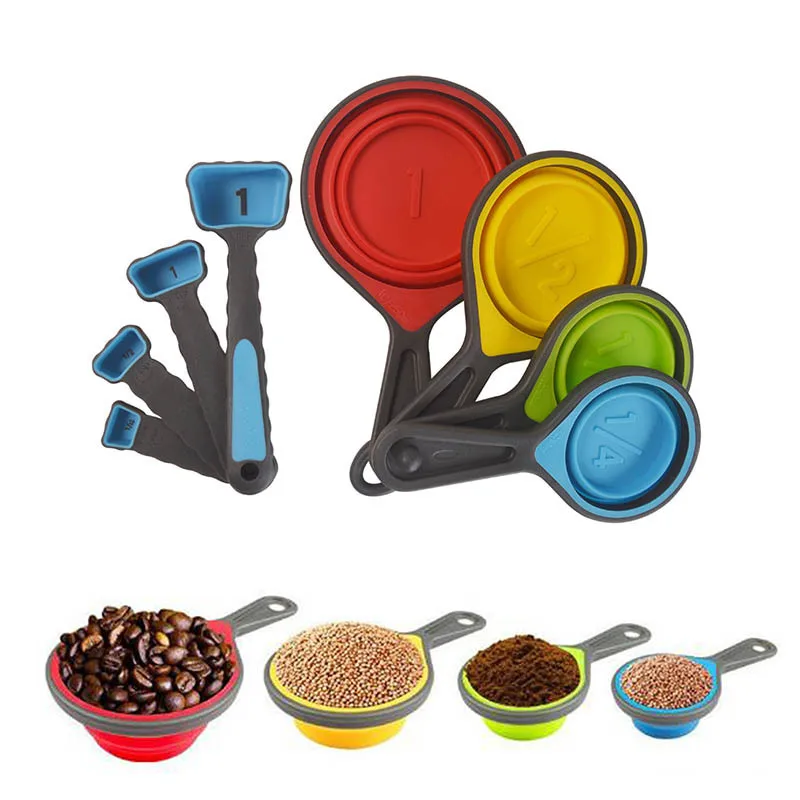 

8pcs 250ml 1 cup/2 cup/4 cup small black scale foldable & collapsible silicone measuring spoon and cup set, Colorful