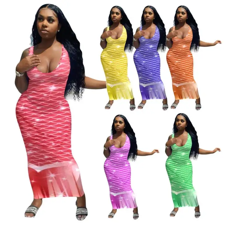 

Custom Logo 2021 new arrival women dress Fish -scale printed sleeveless women maxi dress summer long dress