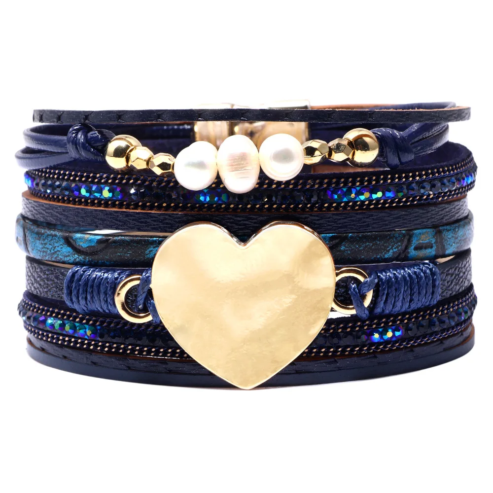 

Charm Heart Bracelet Women Leather Cuff Bracelet Multi Strand Wrap Around Bracelets Charm Heart Boho Bangle Handmade Jewelry