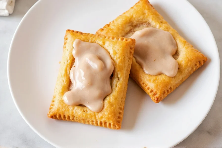 Two perfectly toasted cinnamon pop tarts with melted icing on a white plate