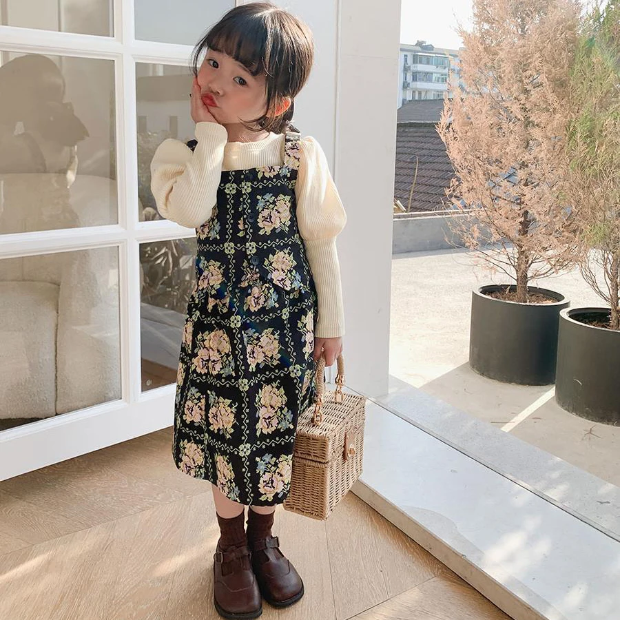 

2021 spring new fashion floral skirt vest children off-shoulder two-piece dress skirt, Black