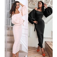 

Free Shipping Early Autumn New Fashion High End Women Wholesale Customized Elasticity Fabric Puff sleeve One Shoulder Dress