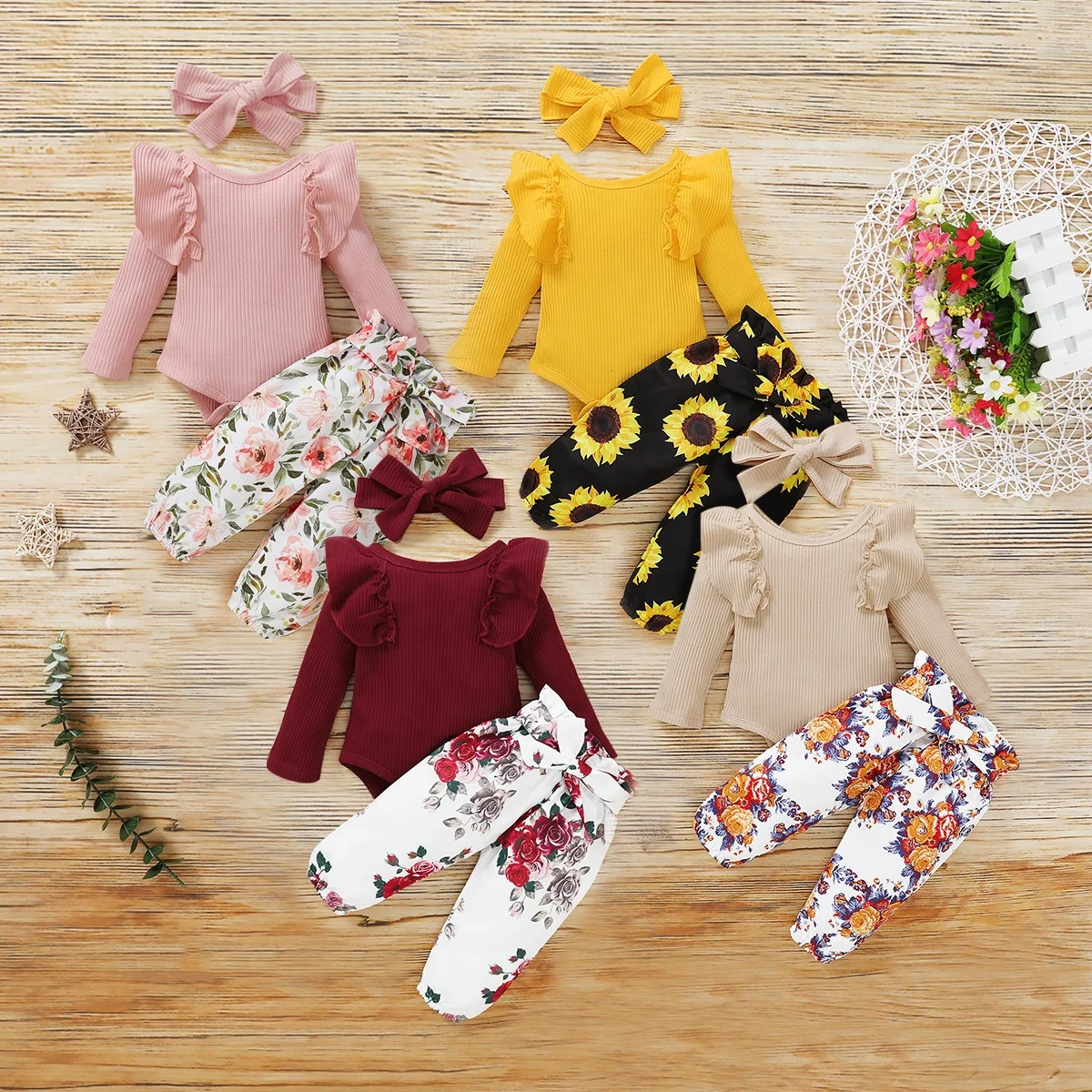 

Newborn Baby Girl Clothes 2020 Autumn Ribbed Ruffles Romper Floral Pants Headband Toddler Clothing Set Infant Girls Outfits, As picture