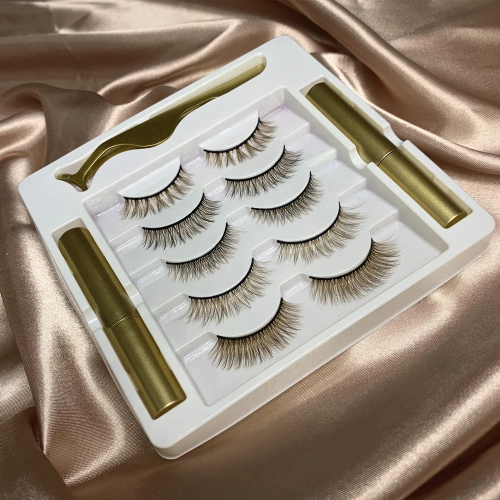 

5 Magnetic Brown Lashes Magnetic Eyelashes Private Label Waterproof Magnetic Eyelashes with 2 Liner Tubes
