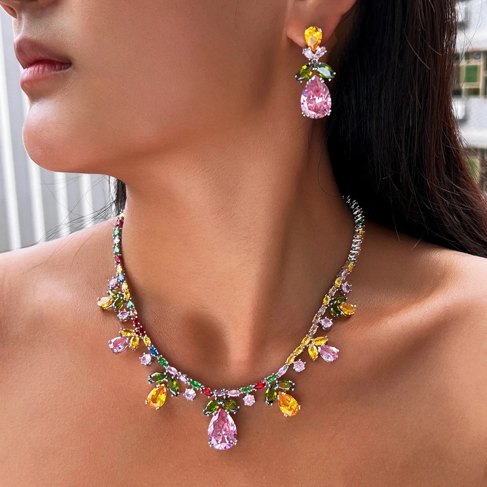 Luxury Cubic Zircon Necklace and Earrings Colorful Jewelry Set for Women Banquet Dress Accessories