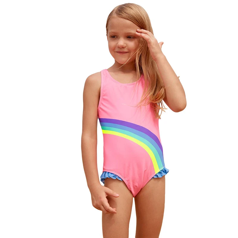 

Summer Beach Swimwear Striped Cute Rainbow Trim Pink Baby Girls One Piece Swimsuit