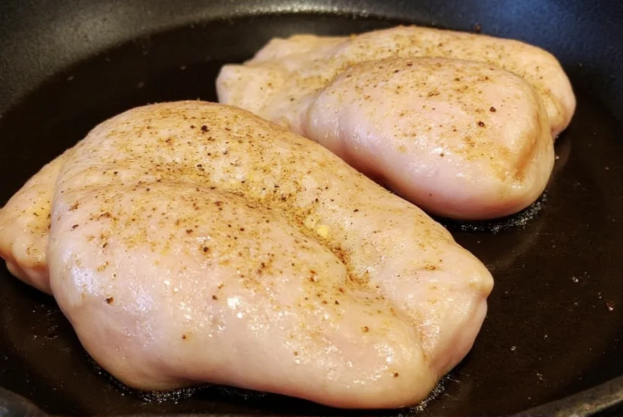Chicken breasts being seared in cast iron skillet with lemon pepper seasoning