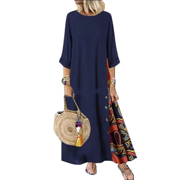 

Autumn and Summer Hot Style Retro Floral Round Neck Contrast Button Stitching Three-quarter Sleeve Midi Dress