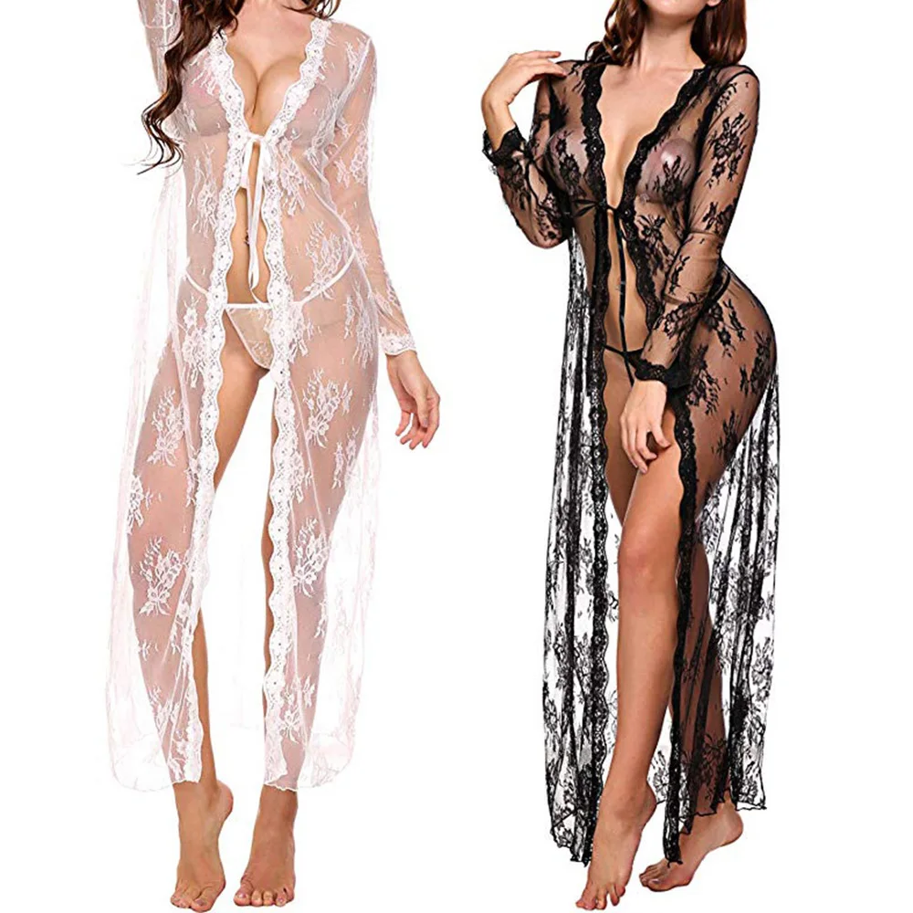 

W387 Wholesale Ladies Hot Transparent Lace Long Sleeve Robe Sheer One-Piece Nightgown See Through Lingerie Sexy, Black, white, red, blue