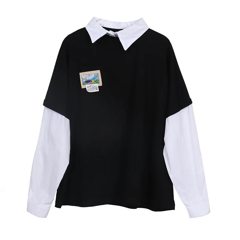 

Spring and Autumn 2021 fake two-piece long-sleeved T-shirt women's inner splicing irregular hollow shirt collar loose top 1982