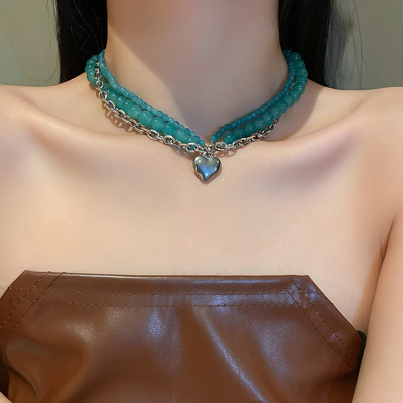 

fashion heart pendant green crystal long bead necklaces