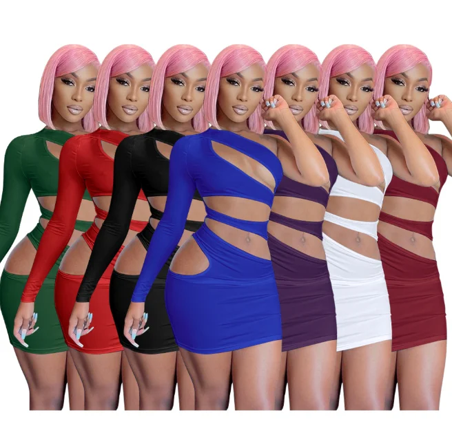 

No Moq Women Designer Clothes Summer Clothes 2022 Club Dresses Hollowed-out Bandage One Shoulder Sexy Dress