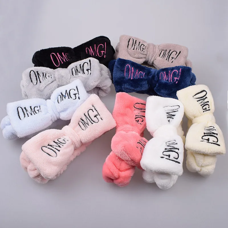 

Wholesales Girls Cute Face Washing Plush Hairband OMG Letters Bow Coral Fleece Headband