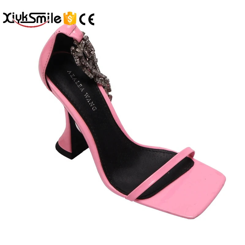 

spring and summer new pink square head crystal word buckle open toe high heel sandals women sandals fashion women shoes