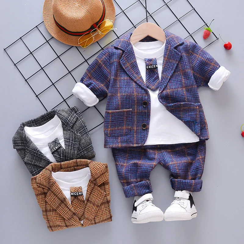 

Gentleman Style Baby Woolen Plaid Suit Boutique Children's Clothing Kid's Coat+Pants+Shirt 3 Pcs Fashion Clothing Sets, Light blue/khaki