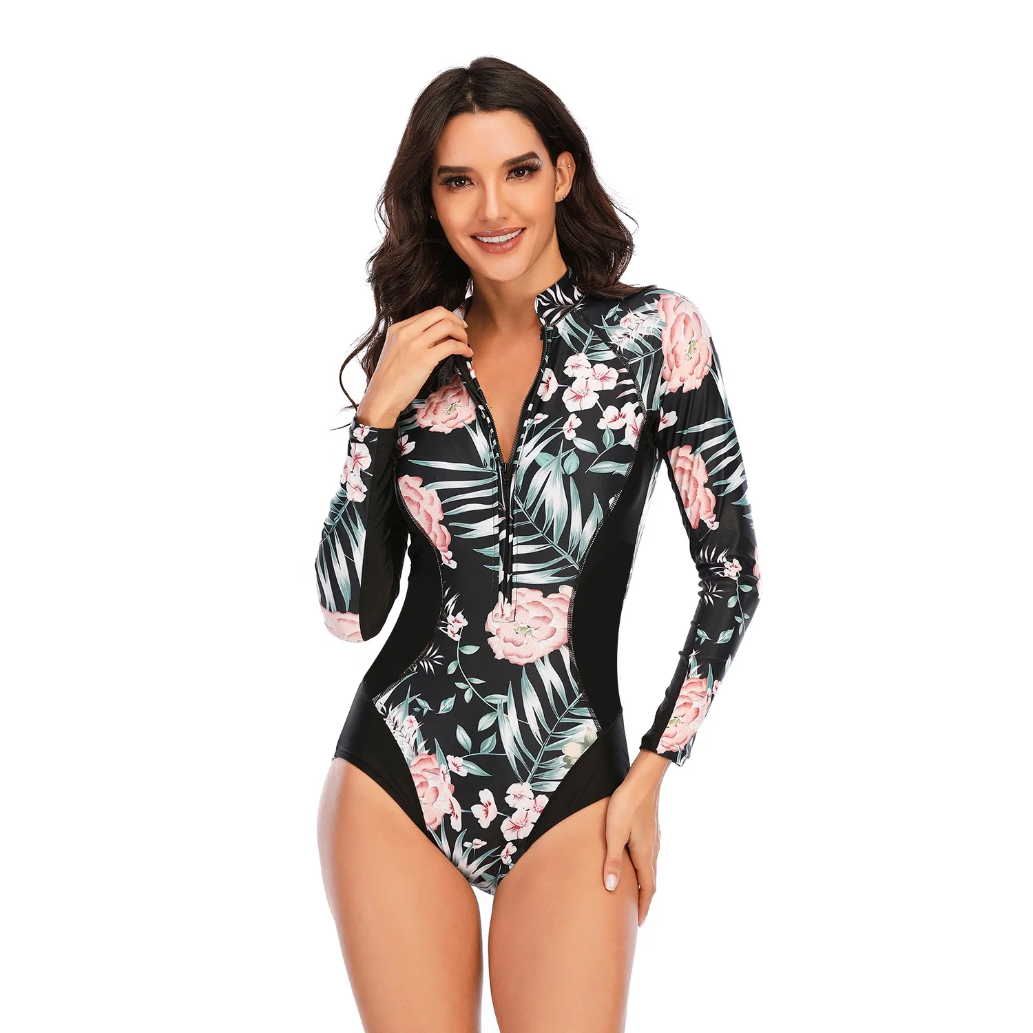 

AOSHILI New design OEM Swimsuit Long Sleeve Swimwear Women Bathing Suit Print Floral One-piece Swim Suits