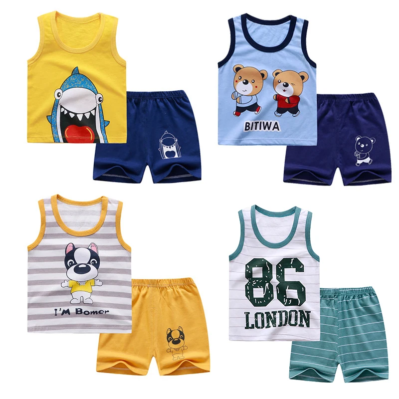 

Pure Cotton Summer Short Sleeve Shorts 2 Pieces boys Vest Shorts suit Baby Set Clothes Wholesale