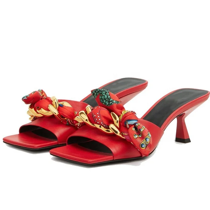 

2021 Western Style Wholesale Stiletto Heels Shoes Square Toe Big Size Slip On Single Band Female Sandals Fashionable Satin Mules, Red,black,blue