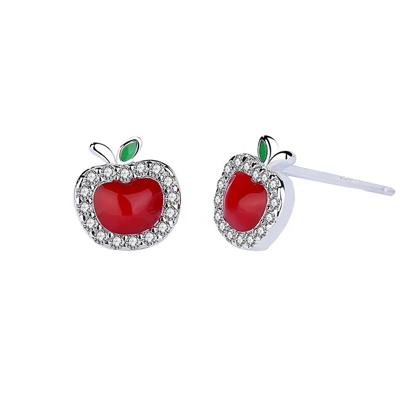 

925 sterling silver cute tiny red apple earring stud for girls