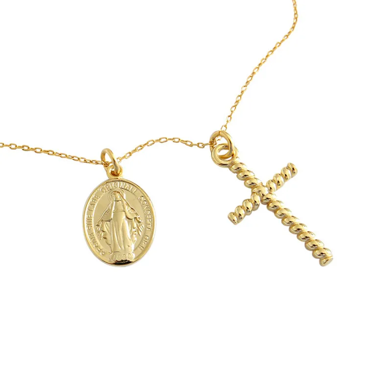 

925 Sterling Silver Vintage Religious Catholic Christian Jewelry Gold Plated Virgin Mary Cross Pendant Necklace For Women Girls, As picture