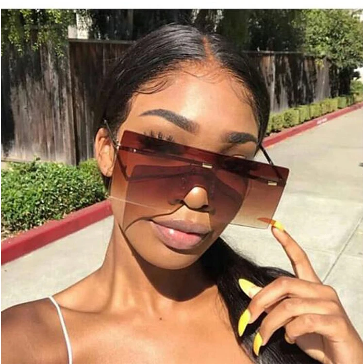 

2021 New Fashion Metal Frame One Piece Ocean Lens Oversize Sun Glasses Square Shades Rimless Sunglasses Women
