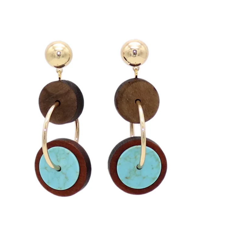 

Womens Fashion Brown Wood and Turquoise Pendant Earrings