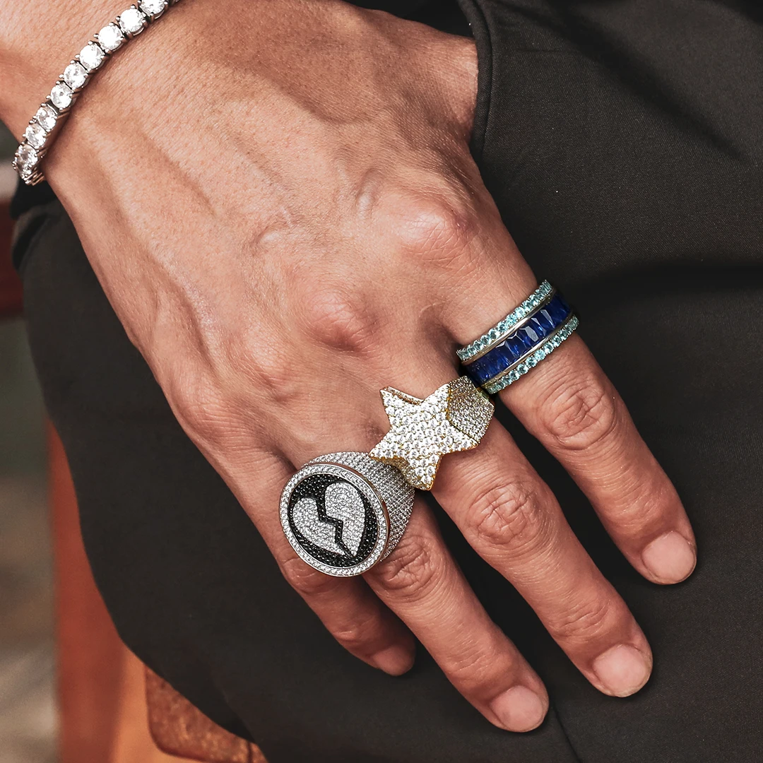 

New Hot Broken Heart Ring Heart Pattern Black Silver Two Tone Hip Hop Men's Gold Diamond Ring