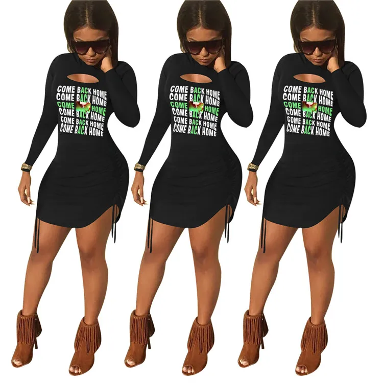 

Printed pleated long-sleeved dress bodycon mini dress